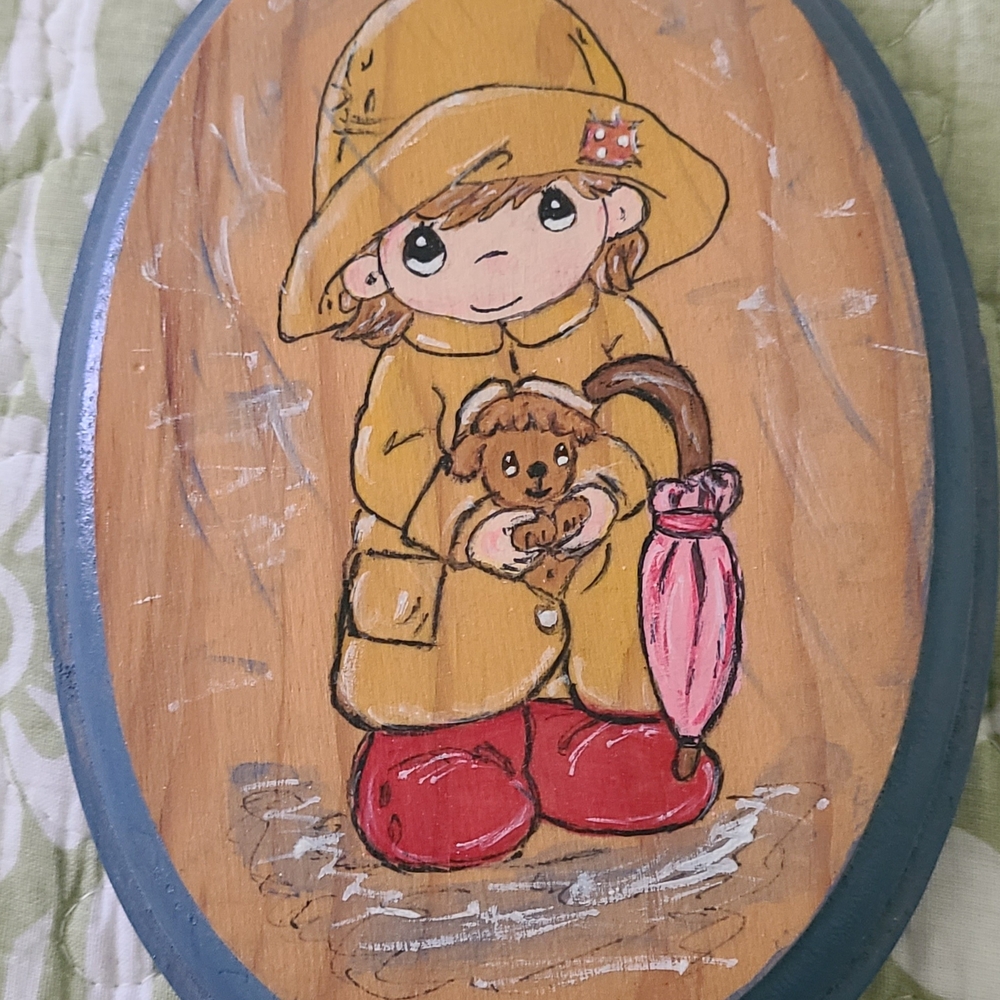 Whimsical Child and Umbrella Hand-Painted Plaque